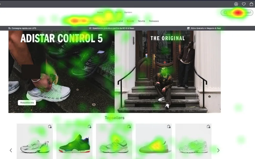 Heatmap di una homepage e-commerce: l'attenzione visiva si distribuisce tra ricerca, navigazione e prodotti, mentre il banner principale presenta una concentrazione non uniforme.