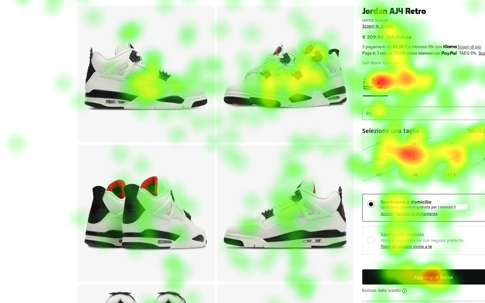 Heatmap di una scheda prodotto e-commerce: l'attenzione si distribuisce tra le immagini del prodotto, il prezzo, la selezione della taglia e le opzioni di consegna.